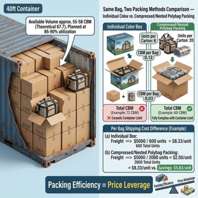 cooler backpack container loading and CBM comparison showing how packing method changes freight cost per unit