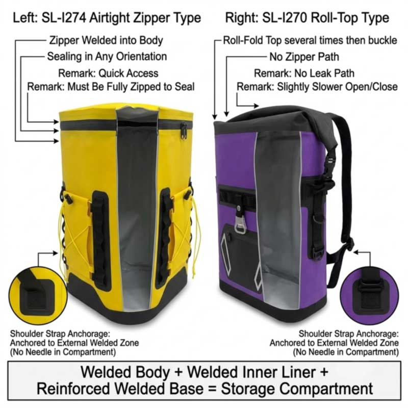 two leakproof closures on cooler backpacks compared: airtight welded zipper versus welded roll-top, with welded containment chamber two leakproof closures on cooler backpacks compared: airtight welded zipper versus welded roll-top, with welded containment chamber