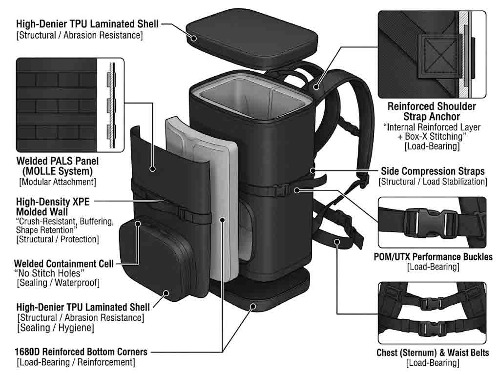 exploded view of a tactical cooler backpack showing welded containment, dense molded XPE wall, welded MOLLE panel and reinforced strap anchoring exploded view of a tactical cooler backpack showing welded containment, dense molded XPE wall, welded MOLLE panel and reinforced strap anchoring