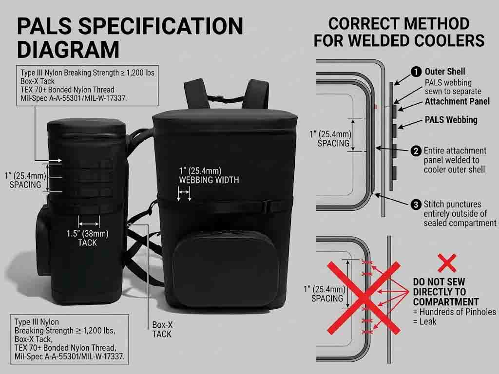 PALS webbing specification dimensions and how a MOLLE panel is welded onto a sealed cooler backpack without piercing the chamber PALS webbing specification dimensions and how a MOLLE panel is welded onto a sealed cooler backpack without piercing the chamber
