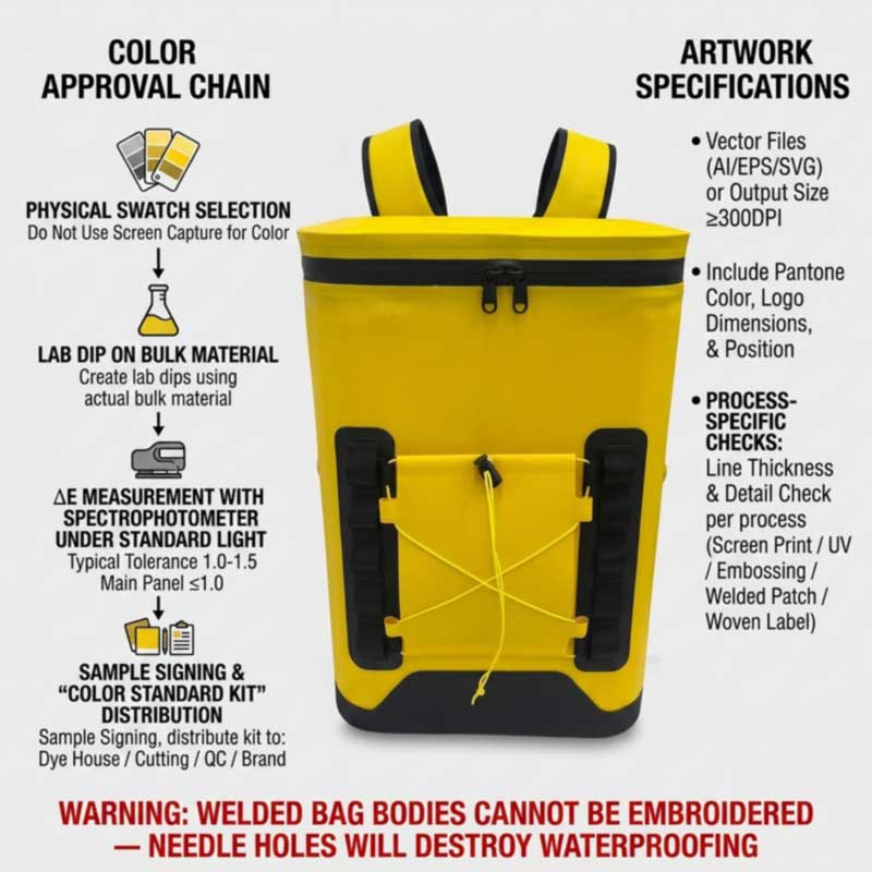 private label colour approval chain with lab dip and Delta E tolerance, and artwork file requirements for cooler bag branding
